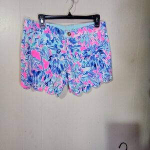 Lilly Pulitzer Neon Pink & Sky Blue Scallop-Hem High Waist Shorts